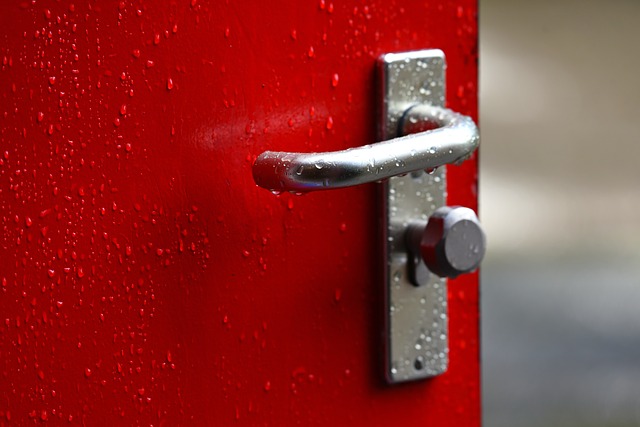 Pootvorené červené dvere so striebornou kľučkou.jpg